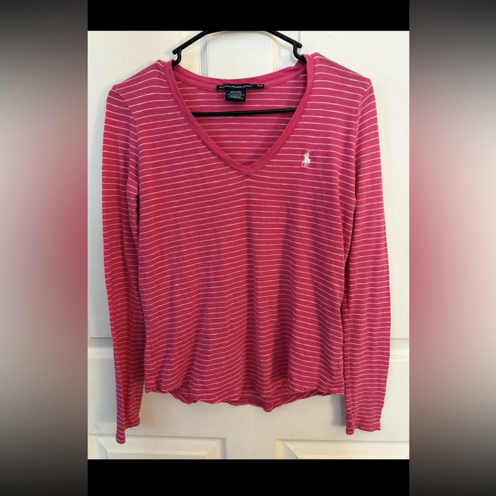 RALPH LAUREN SPORT Women’s Pink/White Striped Long Sleeve V Neck Shirt S/P